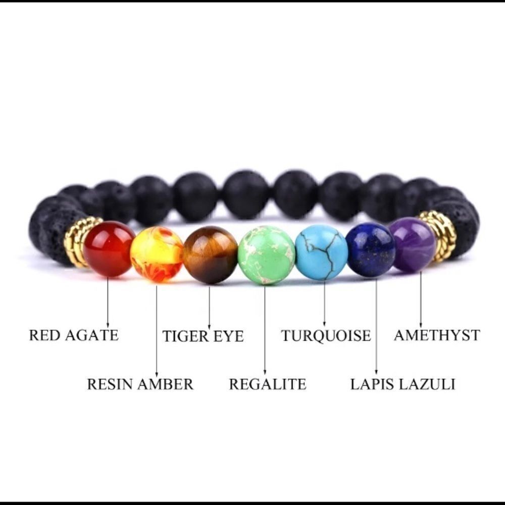 Set of (2) Essential Oil Diffuser Chakra / Black Lava Rock Stone Bead Bracelets - Picture 6 of 9